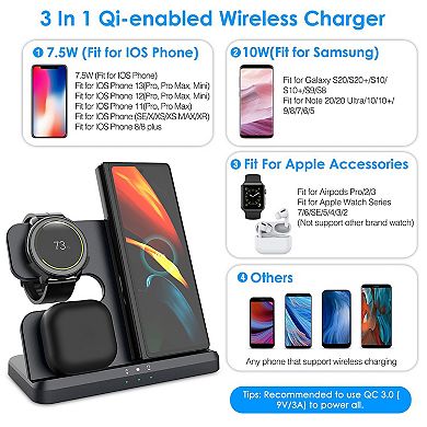 3-in-1 Qi Wireless Charger - Fast Charging Station For Phones, Earphones, Watches