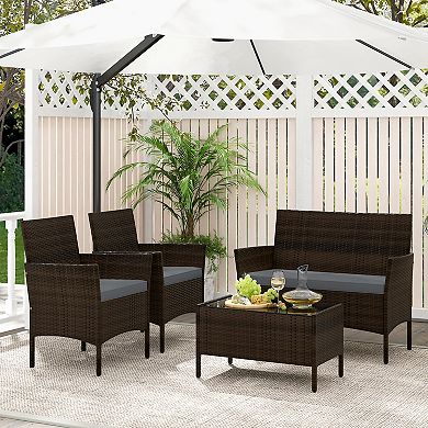 4 Piece Patio Rattan Conversation Set With Cozy Seat Cushions