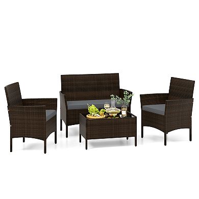 4 Piece Patio Rattan Conversation Set With Cozy Seat Cushions