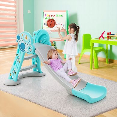 3-in-1 Folding Slide Playset With Basketball Hoop And Small Basketball