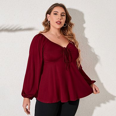 Plus Size Tops For Women Lantern Sleeve V Neck High Waist Blouse Shirt