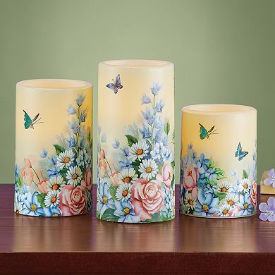 Collections Etc 3pc. Butterfly Garden Flameless Led Candle Set, Battery-operated