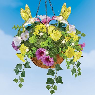 Collections Etc Solar Lighted Artificial Floral Hanging Basket With Hummingbirds