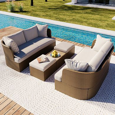 Merax Outdoor Patio Furniture Set, Wicker Furniture Sofa Set With Thick Cushions