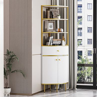 75" Modern Corner Bookshelf With Drawer And Doors, Golden Frame