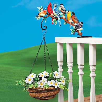 Collections Etc Solar Lighted Bird Planter Hook With Coco-lined Hanging Basket Round