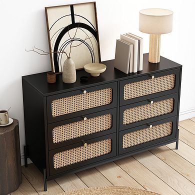 Modern Rattan Wood 6-drawer Dresser & Storage Cabinet