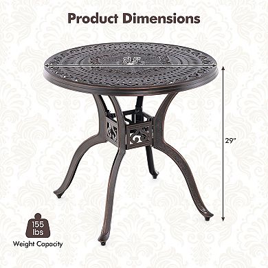 31.5" Cast Aluminum Table Patio Round Dining Table With Umbrella Hole-Copper