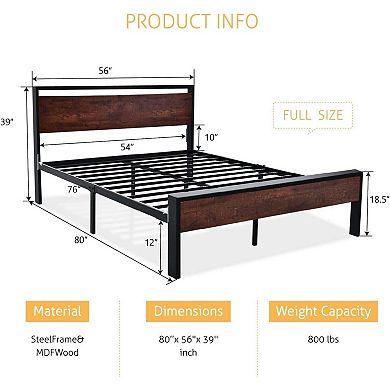 Full Metal Platform Bed Frame With Mahogany Wood Panel Headboard Footboard
