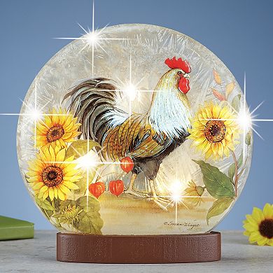 Collections Etc Country Rooster Sparkling Glass Lighted Sphere With Wooden Base