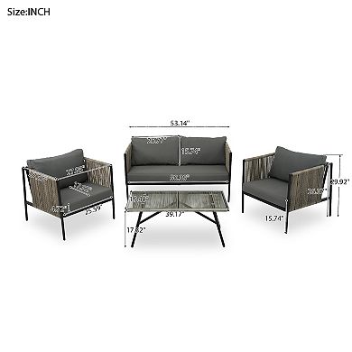 4-piece Rope Sofa Set With Thick Cushions And Toughened Glass Table
