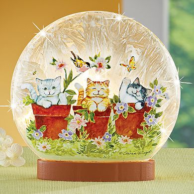 Collections Etc Led Lighted Kittens In Flower Pots Frosted Glass Sphere