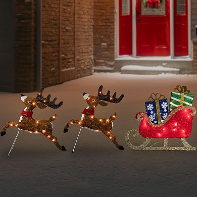 Northlight 25.25-in. Light-Up Reindeer & Sleigh Outdoor Christmas Decoration 3-piece Set