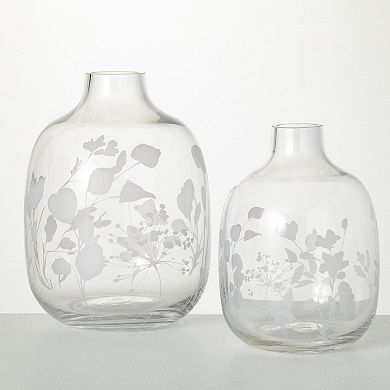 Floral Etched Clear Glass Vases Table Decor 2-piece Set