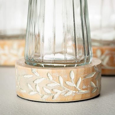 Botanical Embossed Wood & Glass Vase Table Decor 3-piece Set