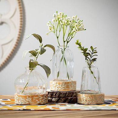 Botanical Embossed Wood & Glass Vase Table Decor 3-piece Set