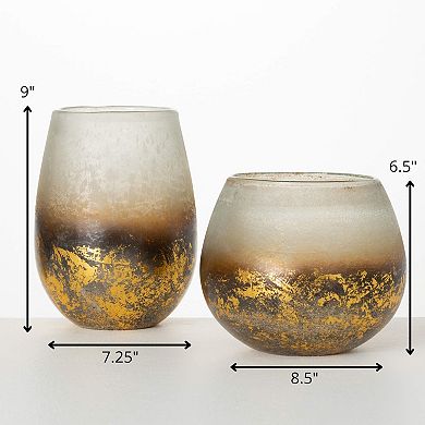 Frosted Gold Finish Leaf Glass Vases Table Decor 2-piece Set