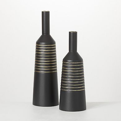 Matte Black Gold Finish Stripe Vases Floor Decor 2-piece Set