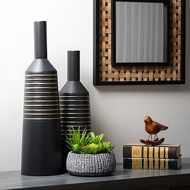 Matte Black Gold Finish Stripe Vases Floor Decor 2-piece Set