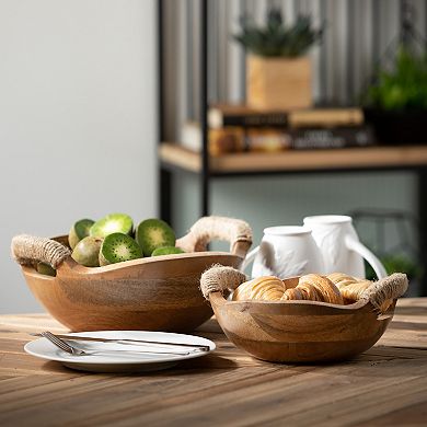 Rustic Wood Handled Decorative Bowl Table Decor 2-piece Set