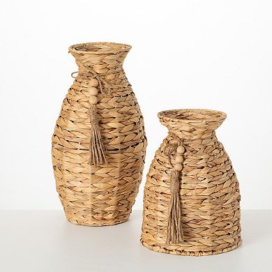 Beaded Tasseled Basket Urn Table & Floor Decor 2-piece Set