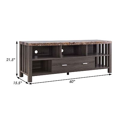 60 Inch Modern TV Entertainment Console, 5 Shelves, Faux Marble Top, Gray
