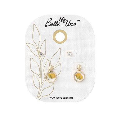 Bella Uno 2-Pair Worn Gold Tone Cubic Zirconia Stud & Yellow Pressed Flower Dangle Earring Set