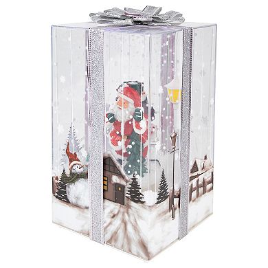 Northlight 12" Lighted and Musical Santa Snowing Gift Box with Silver Ribbon Christmas Decoration