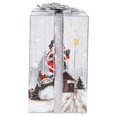 Northlight 12" Lighted and Musical Santa Snowing Gift Box with Silver Ribbon Christmas Decoration