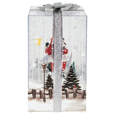 Northlight 12" Lighted and Musical Santa Snowing Gift Box with Silver Ribbon Christmas Decoration