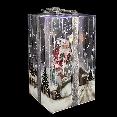 Northlight 12" Lighted and Musical Santa Snowing Gift Box with Silver Ribbon Christmas Decoration