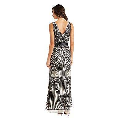 Women's R&M Richards Two-Tone Embroidered Sequin Evening Gown with Sash Belt