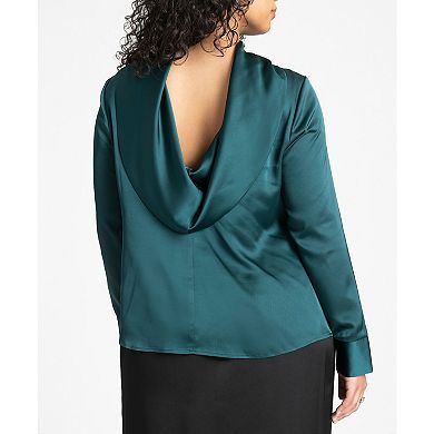 Eloquii Women's Plus Size Strong Shoulder Draped Back Satin Blouse