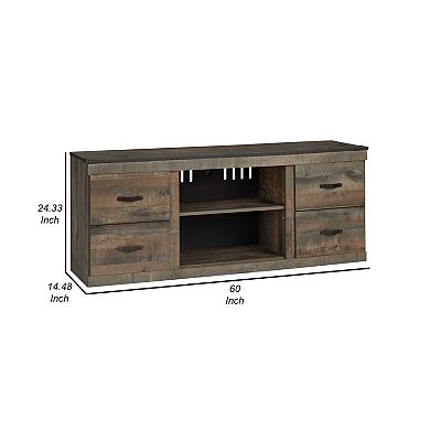 60 Inch Wood TV Media Entertainment Console, 3 Shelves, Metal Rivet, Brown