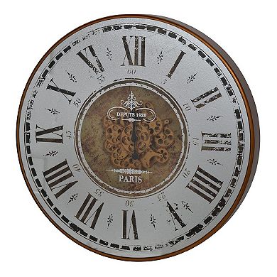 32" White and Brown Classic Vintage Gear Round Wall Clock with Cut-Out Roman Numbers