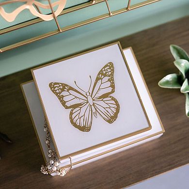 6.5" White and Gold Contemporary Square Butterfly Box with Band Accent