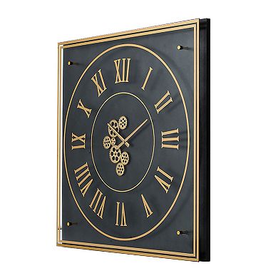 35.25" Black and Gold Gear Roman Numerals Square Framed Wall Clock