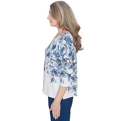 Women's Alfred Dunner Floral Shimmer Three-Quarter Sleeve Top