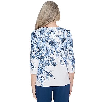 Women's Alfred Dunner Floral Shimmer Three-Quarter Sleeve Top