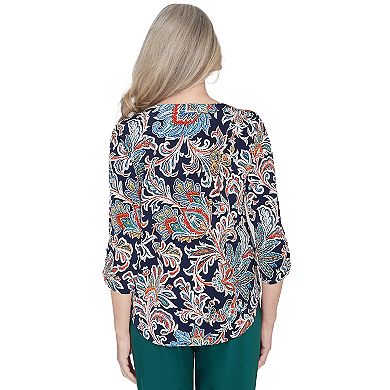 Women's Alfred Dunner Scroll Three-Quarter Ruched Sleeve Top