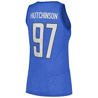 Women's Majestic Threads Aidan Hutchinson Heather Blue Detroit Lions Name & Number Tri-Blend Tank Top