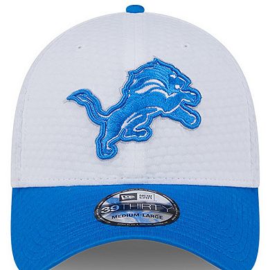 Men's New Era White/Blue Detroit Lions 2024 NFL Training Camp 39THIRTY Flex Hat