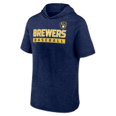 Men's Fanatics Heather Navy Milwaukee Brewers Push Short Sleeve Pullover Hoodie