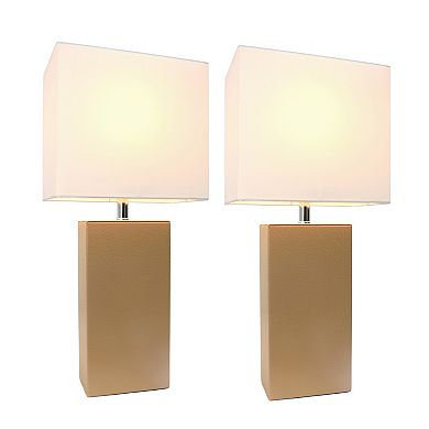 Elegant Designs 2 Pack Modern Leather Table Lamps with Fabric Shades