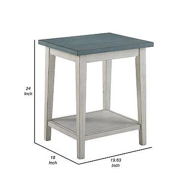 Eleni 24 Inch Side Table, Square Bottom Shelf, Antique White And Teal Wood