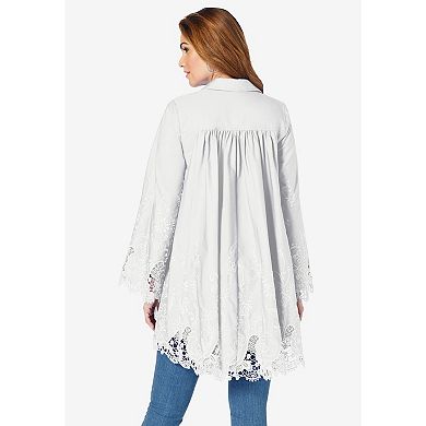 Roaman's Women's Plus Size Poplin Embroidered Swing Tunic