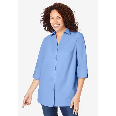 Woman Within Women's Plus Size Perfect Three-quarter Sleeve Back Pleat Shirt