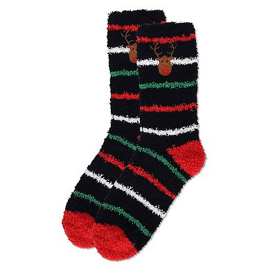 Women's Striped Reindeer Embroidery Cozy Crew Socks