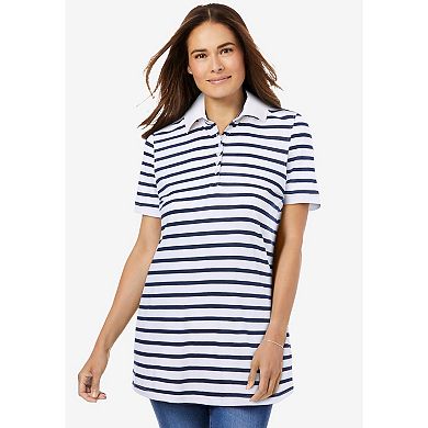 Woman Within Women's Plus Size Perfect Printed Short-sleeve Polo Shirt