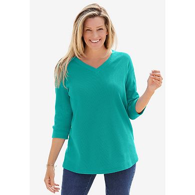 Woman Within Women's Plus Size Three-quarter Sleeve Thermal Sweatshirt